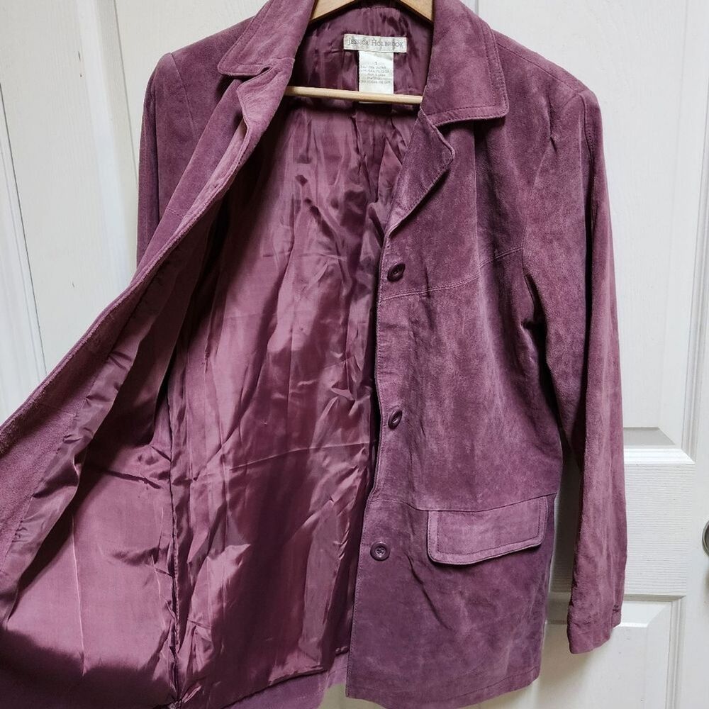 Jessica Holbrook Purple Suede Leather Button Jacket Blazer Women S Lined Pockets - Picture 7 of 8